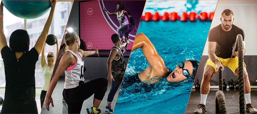 A collage of four group exercise images containing small group training, virtual group exercise, SwimFit and HIIT class