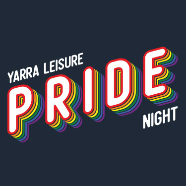 Pride NIght event logo with text saying yarra leisure pride night on a navy blue background