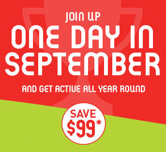 Membership promotion graphic with text saying one day in September and illustrations of people lifting a weight, diving and playing golf with AFL goals in the background