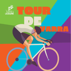 A colourful graphic with words saying Tour De Yarra and an illustration of a man cycling