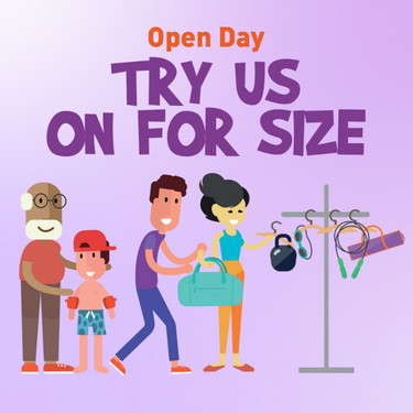 a graphic of people taking leisure items off a stand and text saying open day try us on for size
