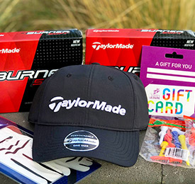 Social media competition prizes including a hat, golf balls, gift card, tees and more