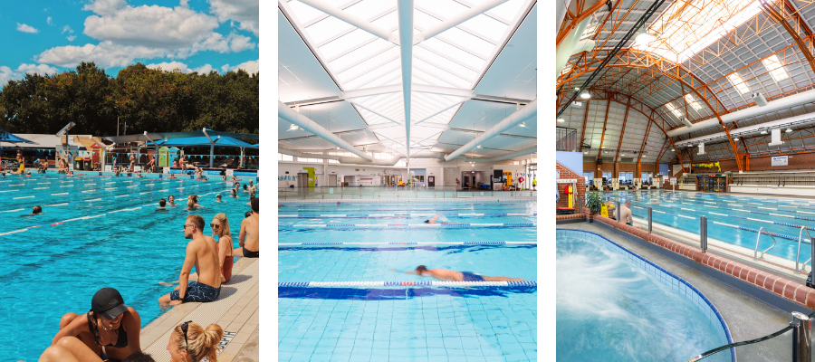 Collage of 3 images with Fitzroy Swimming Pool, Collingwood Leisure Centre and Richmond Recreation Centre pools
