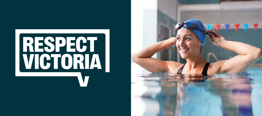 Woman with swimming cap standing in swimming pool adjusting her goggles and Respect Victoria green graphic