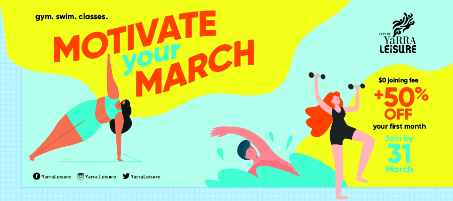 a colourful design with three characters saying 'motivate your march'