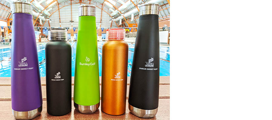 5 coloured Yarra Leisure branded reusable aluminium water bottles