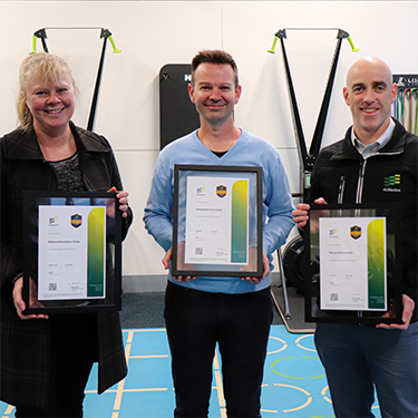 Chris Alexandar, AUSactive General Manager Standards and Development, presenting Yarra Leisure's Quality Accreditation certificates to Yarra Leisure's Sally Jones, Manager Recreation and Leisure Services, and Toby Newman, Coordinator Health and Fitness.