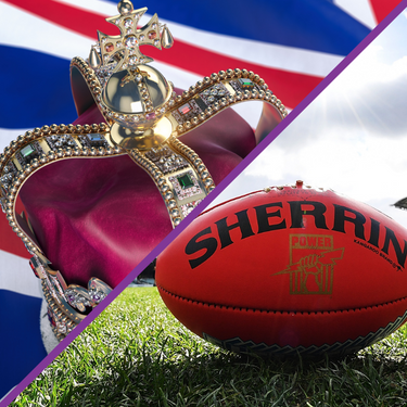 An image, half being the queens crown on the UK flag, and the other half an AFL football sitting on grass