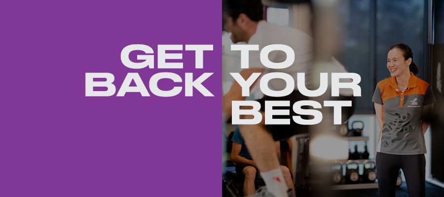 Text saying get back to your best with an image of a gym instructor smiling with a customer in the gym