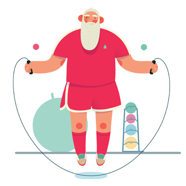 Illustration of Santa skipping rope in a gym