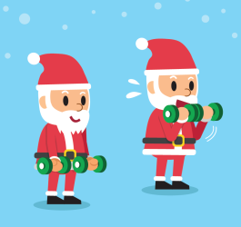 A graphic of Santa with weights on a blue background