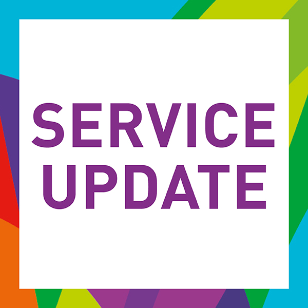 a white tile with a rainbow border in Yarra Leisure colours with the text service update in the middle