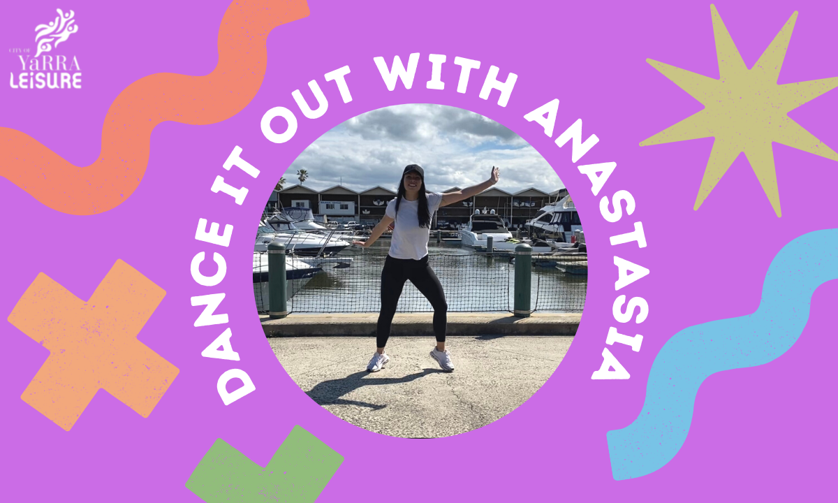 Group Exercise Instructor Anastasia on a colourful graphic that says dance it out with Anastasia