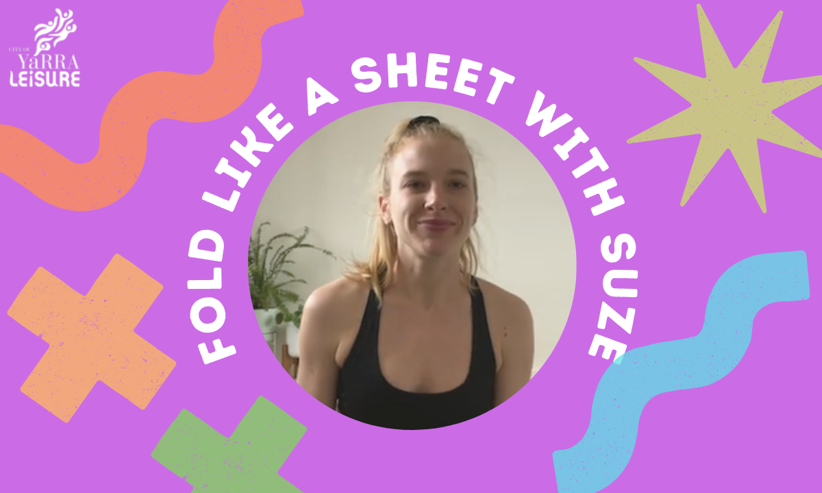 Pilates instructor Suze smiling on a colourful graphic that says fold like a sheet with suze