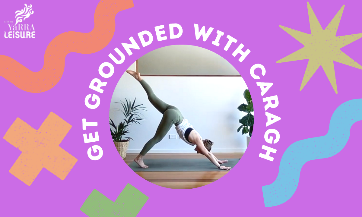Yoga instructor Caragh holding a yoga pose with a colour graphic that says get grounded with caragh