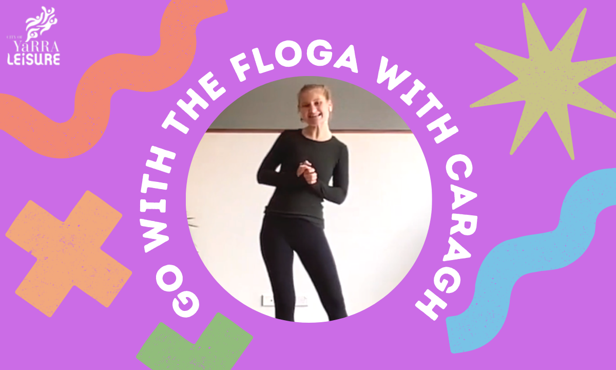 Yoga Instructor Caragh standing up and smiling with a purple graphic around her
