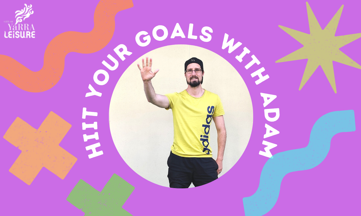 Gym Instructor Adam standing in by a white wall, waving and smiling on a colourful graphic that says fire in the core with suze
