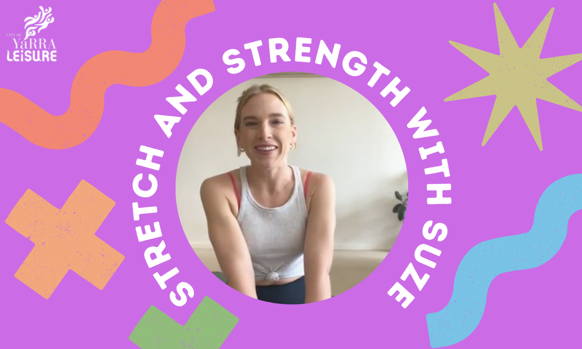 Group Exercise Instructor Caragh smiling on a colourful graphic that says stretch and strength with suze