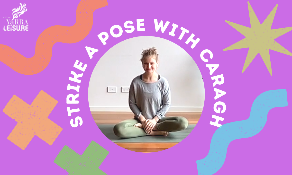 Group Exercise Instructor Caragh smiling on a colourful graphic that says strike a pose with Caragh