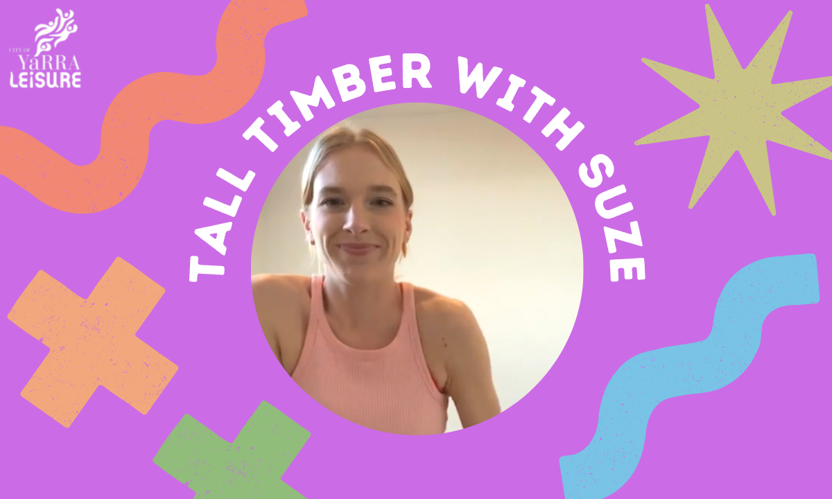 Pilates instructor Suze smiling on a colourful graphic that says tall timber with suze