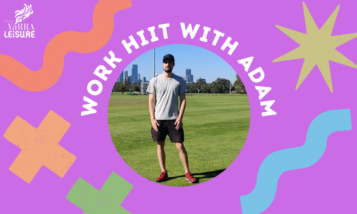 Gym Instructor Adam standing on grass at a park with a colourful graphic saying work HIIT with Adam
