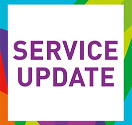 A white tile with a rainbow yarra leisure coloured border saying service update
