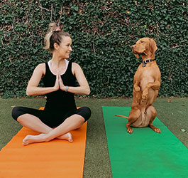 A girl and her dog sitting on yoga mats doing yoga at home